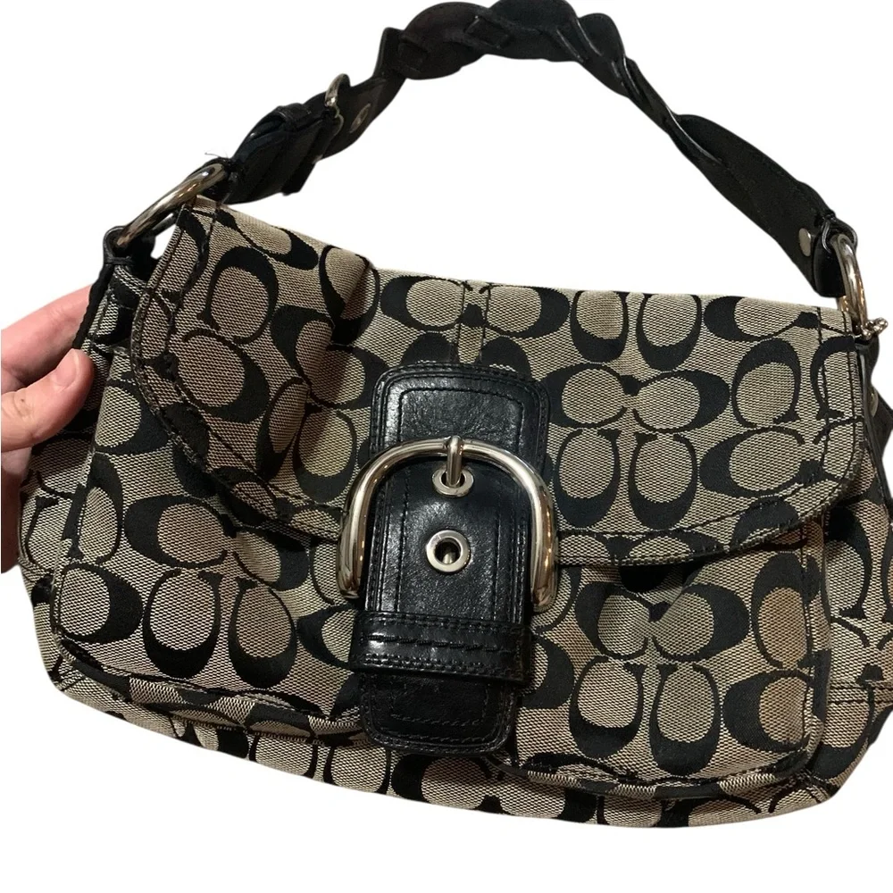 Coach Soho Signature Y2K shoulder bag in Grey with a big black buckle